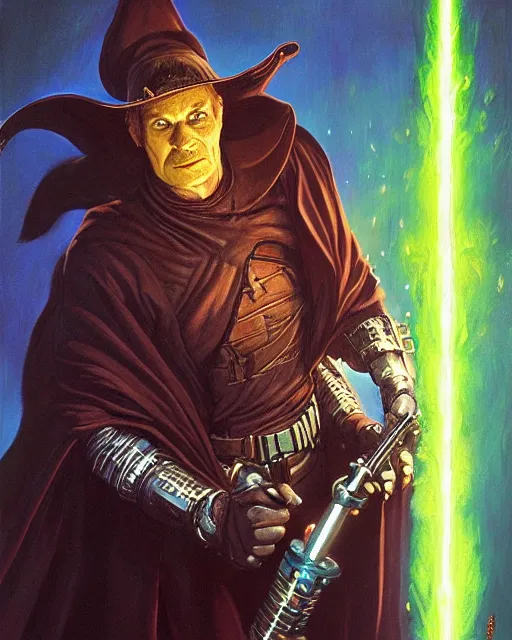 Prompt: portrait of Rosie O’ Donnel with lightsaber as a powerful dungeons and dragons warlock, wearing dark robe, intricately detailed, lovecraftian, realistic, oil painting, by jeff easley, boris vallejo, cinematic lighting