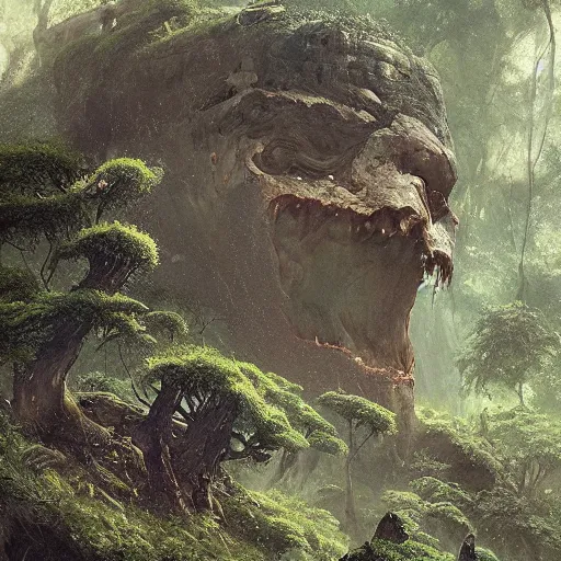 Prompt: The ancient corpse of a fallen stone titan within a deep and lush valley, Greg Rutkowski, dramatic lighting, overhead, beautiful lighting, stone colossus remains