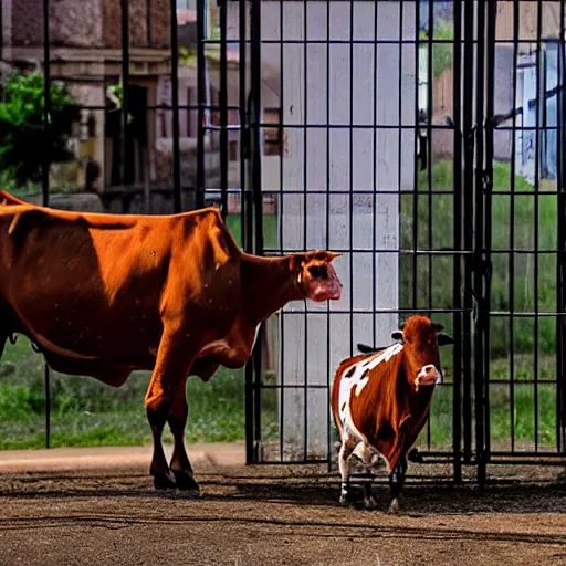 Prompt: cow running from a cage to a freedom light