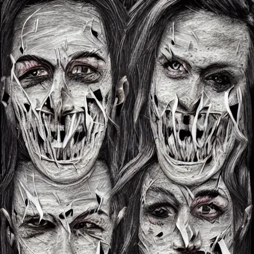 Prompt: multiple faces shredded like paper masks screaming, dark horror, surreal, drawing, painting,