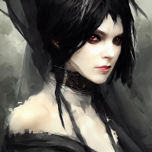 Prompt: a spooky female shadowy elf in dark robes, short curly black hair bangs, dnd character art portrait, by ruan jia