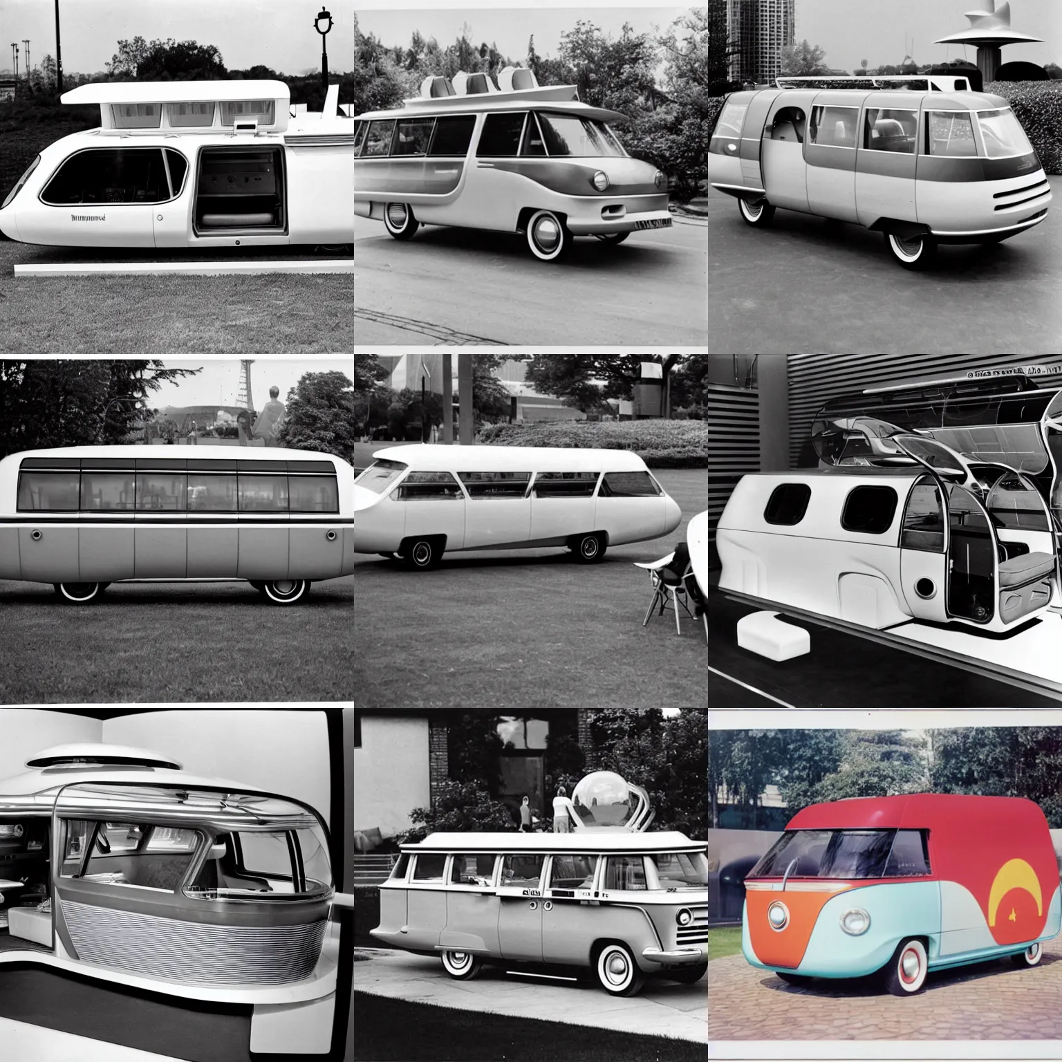 Prompt: space van of the future 1960s world's fair, press photograph