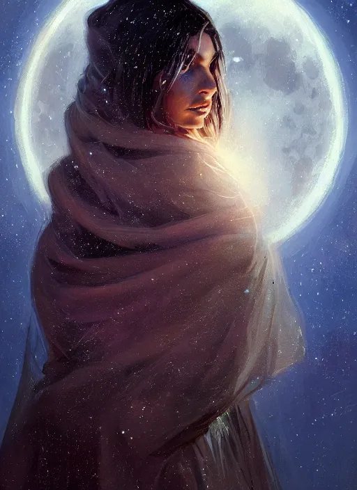 Image similar to detailed portrait of Emily Ratajkowski wearing a cloak over her head, eyes sparkling with starlight a halo of shimmering color around her, the moon in the background, by Jason Jenicke and Jeremy Mann, intricate, beautiful, stylized, detailed, realistic, loose brush strokes, celestial, enduring, captivating, Artstation