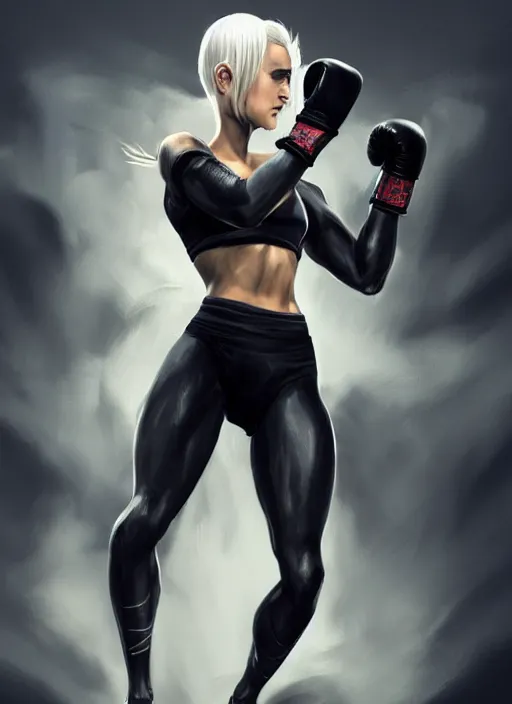 Prompt: a highly detailed illustration of fierce ponytail platinum blonde woman wearing black mma gear and gloves, dramatic boxing stance pose, fairly muscular, athletic, intricate, elegant, highly detailed, centered, digital painting, artstation, concept art, smooth, sharp focus, league of legends concept art, WLOP