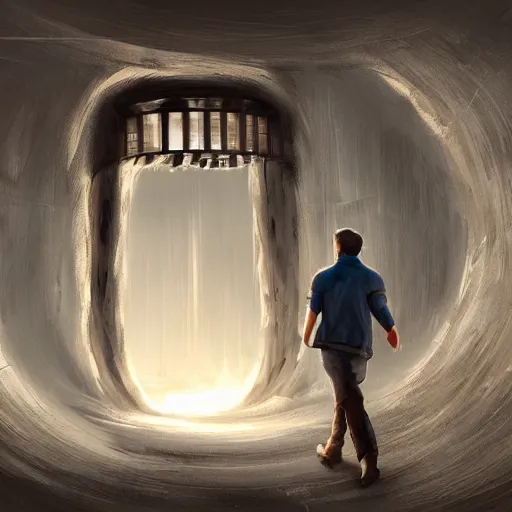 Image similar to a man walking into the portal, concept art, illustration, highly detailed, artwork, cinematic, hyper realistic, art station