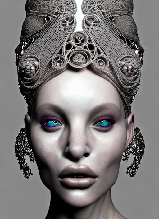 Prompt: portrait of an absurdly beautiful, graceful, sophisticated, fashionable futuristic woman, facial piercings, heavy body modification, hyperdetailed illustration by irakli nadar and alexandre ferra, intricate linework, white porcelain skin, faberge, intricate chrome headdress, dark atmosphere, unreal engine 5 highly rendered, global illumination, radiant light, detailed and intricate environment