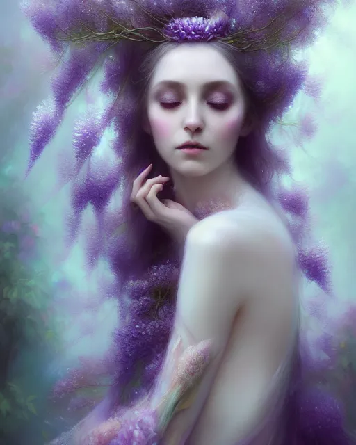 Image similar to Full View Portrait Mystical ethereal wisteria deity wearing beautiful dress, wisteria Dryad, 4k digital masterpiece by Anna dittman and Ruan Jia and Alberto Seveso, fantasycore, Hyperdetailed, realistic oil on linen, soft lighting, wisteria background, featured on Artstation