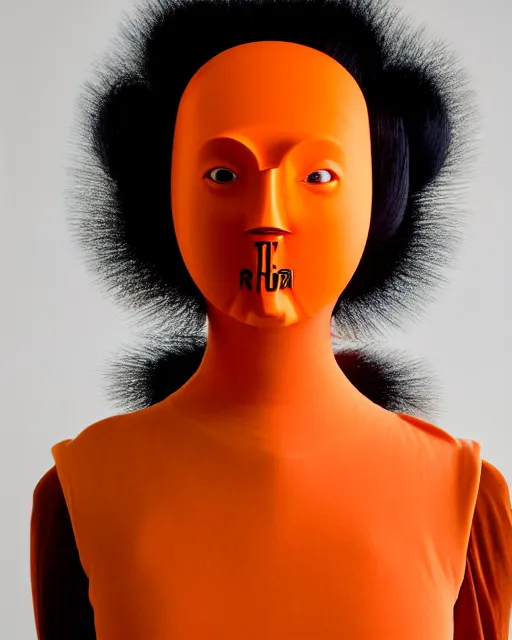 Image similar to symmetrical close - up portrait of a woman wearing a orange silicone beauty mask and hair buns, wearing a black bodysuit by alexander mcqueen, cream white background, soft diffused light, biotechnology, humanoide robot, bjork aesthetic, translucent, by rineke dijkstra, intricate details, highly detailed, masterpiece,