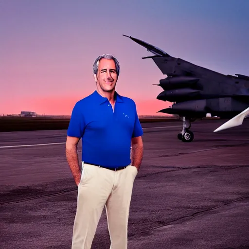 Prompt: happy jeffrey epstein, wearing a dark blue polo shirt, standing near fighter jet on an empty runway at dusk, high detail, volumetric lights, professional high quality studio photo from vogue magazine