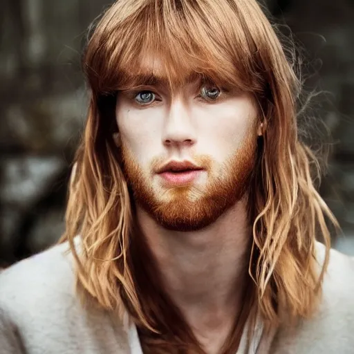 Image similar to a beautiful picture of a jong red blond european man wiht a sharp face and brown eyes, long hair, pointy nose