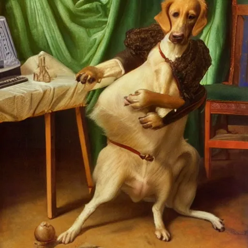 Image similar to A confused dog attempts to program unsuccessfully | renaissance | oil painting | highly detailed | emotional