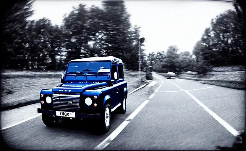 Image similar to “Blue Land Rover Defender driving fast in Porvoo city. Motion blur, high detail, zoomed in, fish eye lense. Artstation. Cinematic lighting.”