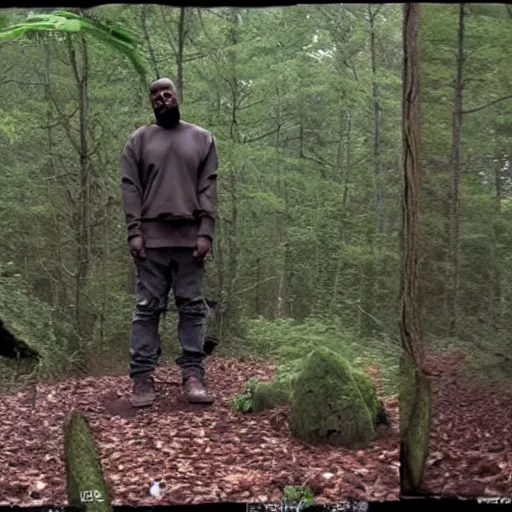 Image similar to trailcam footage of kanye west crying and screaming in the forest