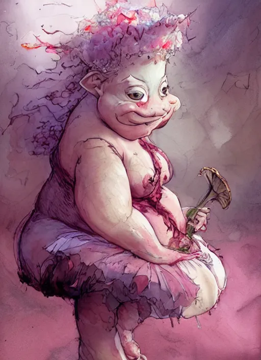 Prompt: A fat goblin princess with a tattered pink tutu, mushroom umbrella, watercolor, dramatic lighting, cinematic, establishing shot, extremely high detail, foto realistic, cinematic lighting, pen and ink, intricate line drawings, by Yoshitaka Amano, Ruan Jia, Kentaro Miura, Artgerm, post processed, concept art, artstation, matte painting, style by eddie mendoza, raphael lacoste, alex ross,