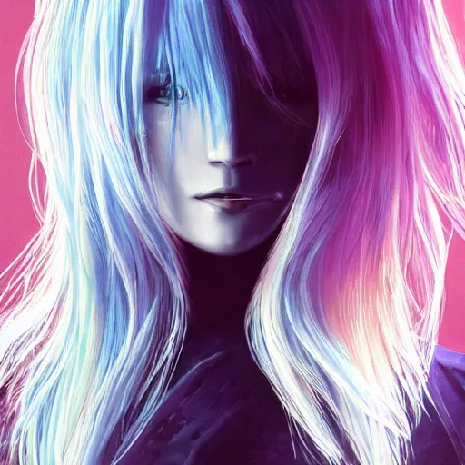 Image similar to full face shot of rimuru tempest, sky blue straight hair, long bangs, with amber eyes, wearing a black jacket, high collar, ultra detailed, concept art, award winning photography, digital painting, cinematic, wlop artstation, closeup, pixiv, evil, yoshitaka amano, andy warhol, ilya kuvshinov,