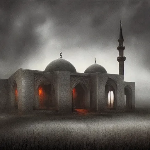 Prompt: a big mosque in a Village, horror, fog, foster, highly detailed, one house, fear, dark inside, dark mammatus cloud,hyper realistic, atmospheric lighting, beksinski