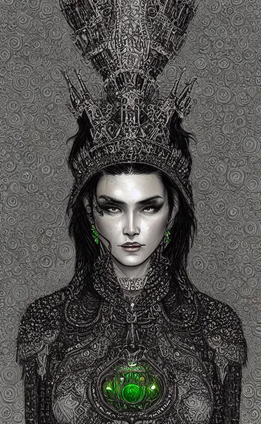 Prompt: Hyperdetailed masterpiece concept art of A tall, muscular woman with black hair, an intricate black and green gambeson, a golden crown and a small necklace. monochrome, pointilism, trending on pixiv, HD, detailed