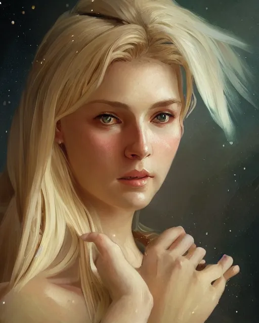 Image similar to '' Portrait of Beautiful blonde Slavic woman in her early 30’s, league of legends, LOL, fantasy, d&d, digital painting, artstation, concept art, sharp focus, illustration, art by greg rutkowski and alphonse mucha ''