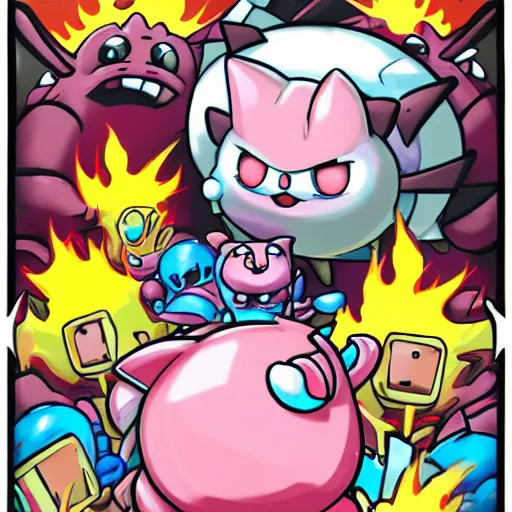 Image similar to jigglypuff in hell fighting demon hordes with a machine gun