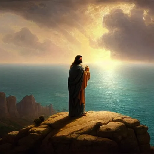 Prompt: a stunning matte landscape painting of jesus of nazareth giving a sermon on a cliff, facing away from the camera watching the sunrise over the ocean, turbulent ocean in the background, sunrise, intricate, elegant, highly detailed, artstation, ultra sharp focus, volumetric lighting, art by greg rutkowski and rembrandt