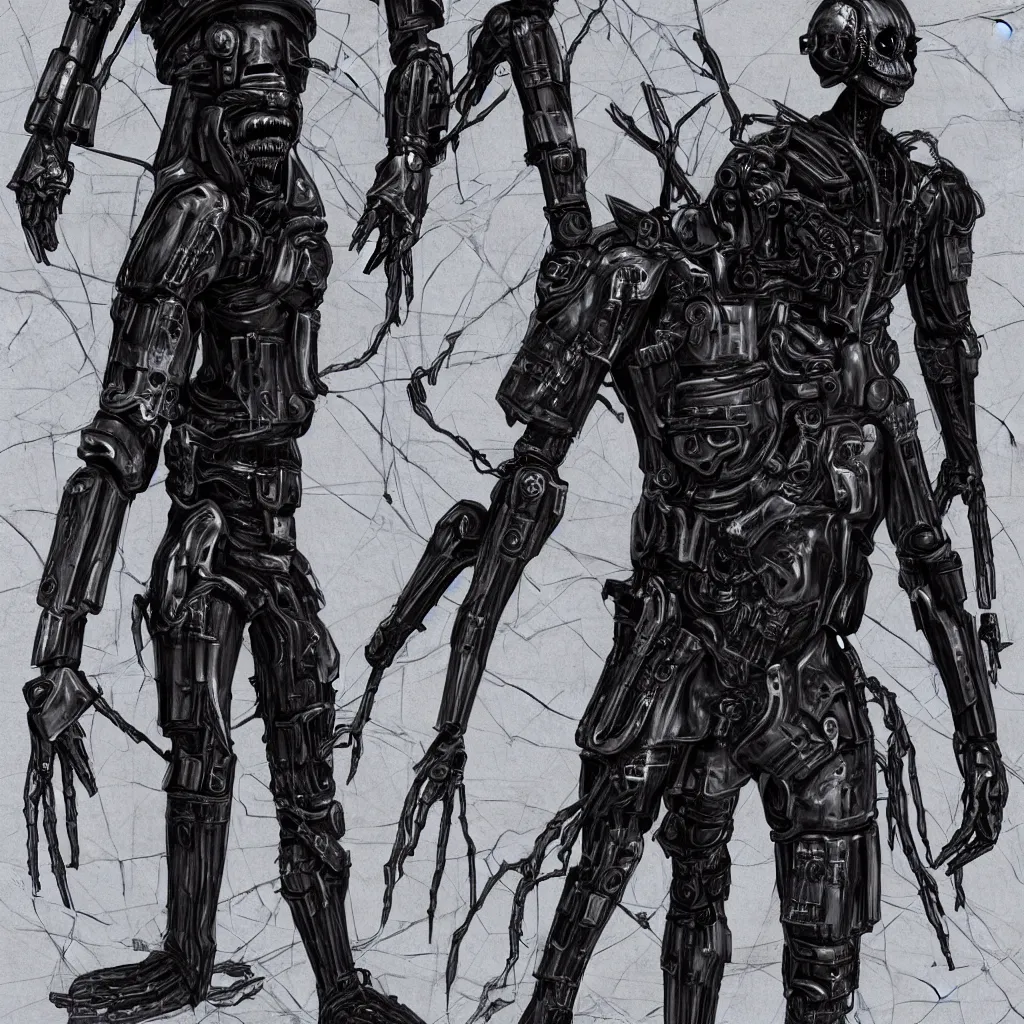 Image similar to full-body dark creepy cybergoth realistic diagram drawing central composition a decapitated soldier with futuristic elements. he welcomes you with no head, dark dimension, empty helmet inside is occult mystical symbolism headless full-length view. standing on ancient altar eldritch energies disturbing frightening terrifying darkness, hyper realism, 8k, sharpened depth of field, 3D