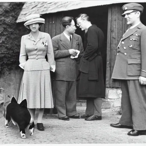 Image similar to 1 9 4 6 historical photo 1 3 5 mm of a single german general and a young queen elizabeth, a cute corgi watches, french village interior, highly detailed, sharp focus, symmetrical face