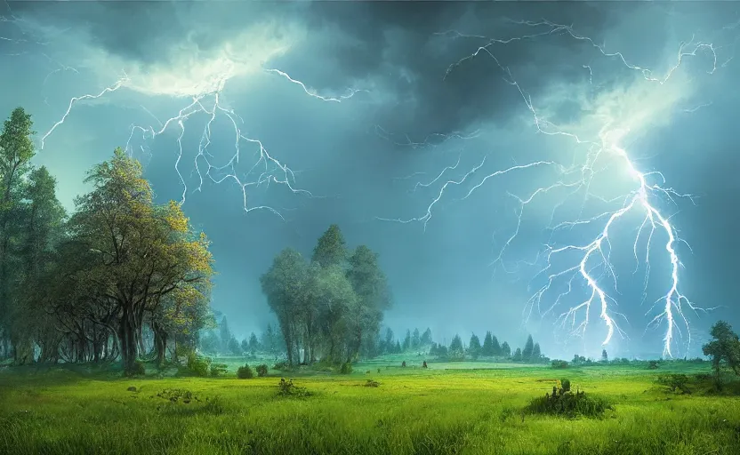 Image similar to lightning strikes a tree in the middle of a field, fantastic landscape, hyperrealism, no blur, 4k resolution, ultra detailed, style of Anton Fadeev, Ivan Shishkin, John Berkey