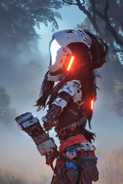 Image similar to combination suit armor aloy horizon forbidden west horizon zero dawn robot ninja mask helmet backpack tribal, aesthetic octane render, 8 k hd resolution, by ilya kuvshinov and cushart krentz and gilleard james radiating a glowing aura cgi rtx 2 0 2 2