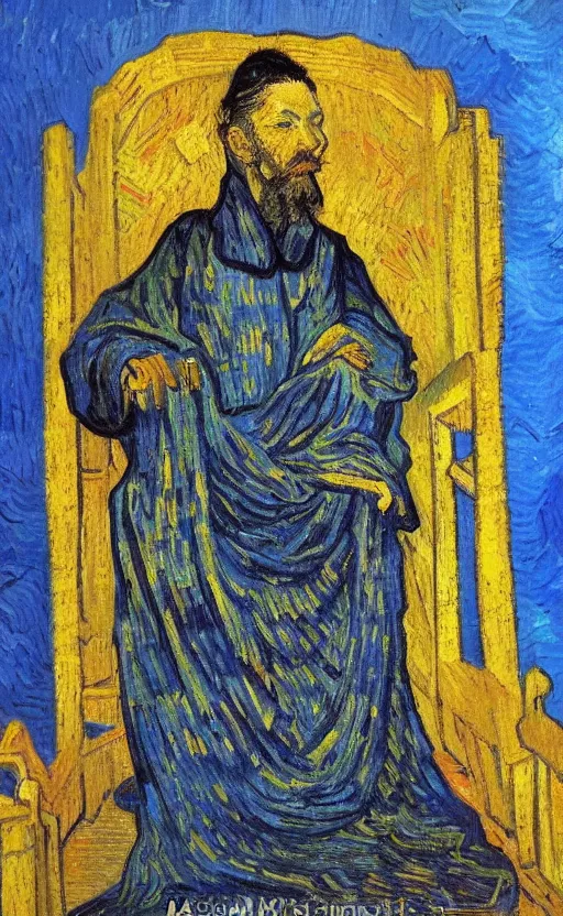 Image similar to detailed expressionist!! oil painting masterpiece portrait of an ancient emperor on his throne!! by van gogh, 8 k resolution, smooth, sharp focus, matte painting, beautiful masterpiece expressionist painting