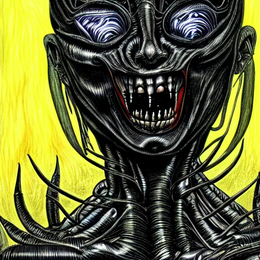 Image similar to a dark humanoid, hyper detailed, in the style of h. r. giger and junji ito and h. r. giger and junji ito, selfie