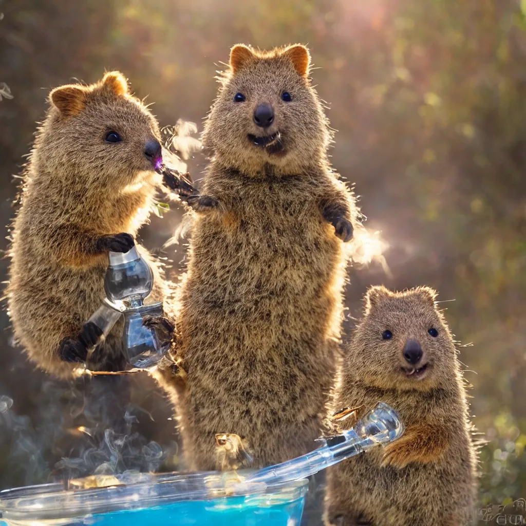 Image similar to happy quokka taking a smoking a bong and eating candy, golden hour, ultra realistic