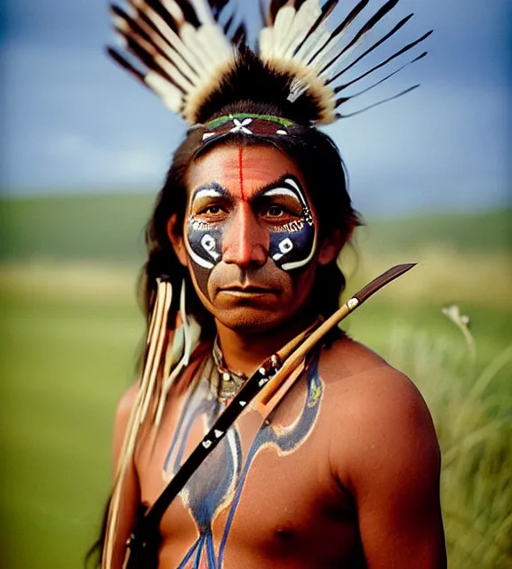 Prompt: A high-quality photo-realistic portrait of a stern an focused native american iroquois warrior wearing face paint and carrying a bow in the morning, by Steve McCurry and Brian Ingram