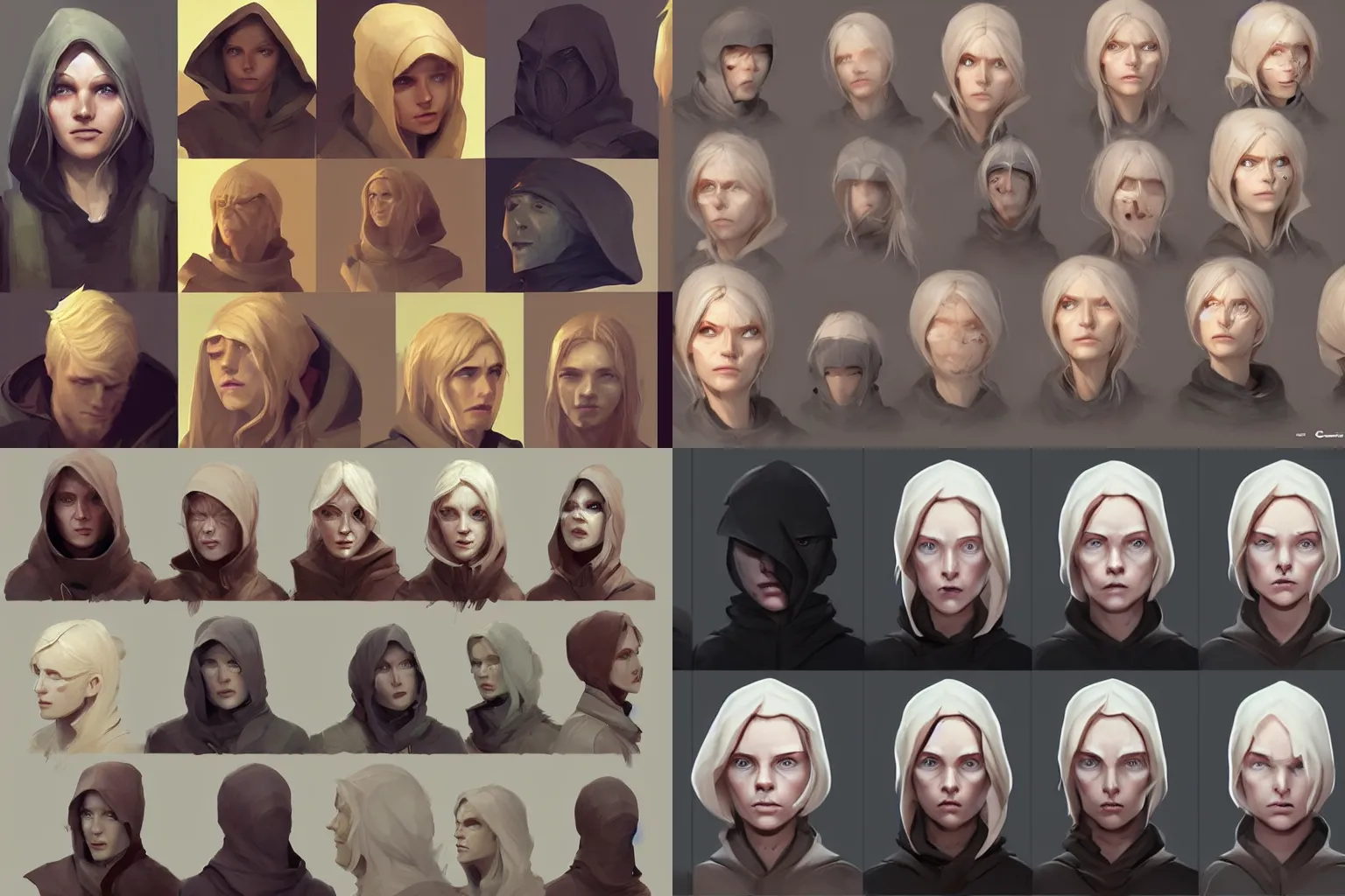 Prompt: character concept mood board facial expressions a blond hooded woman by a senior character artist, by cedric peyravernay and johannes helgeson