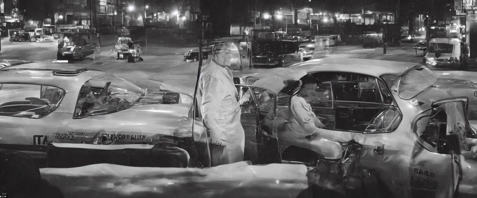 Image similar to detailed sharp photograph in the style of popular science circa 1 9 5 5 and gregory crewdson of close up of an overweight taxi driver in his cab at night