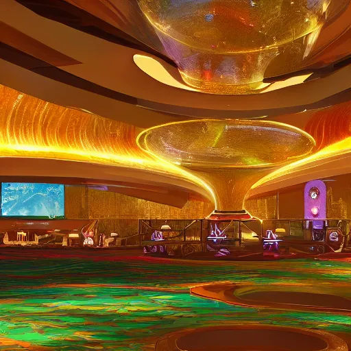 Prompt: futuristic casino, crisp, artstation, luxury, las vegas, beautiful, dim painterly lighting volumetric aquatics