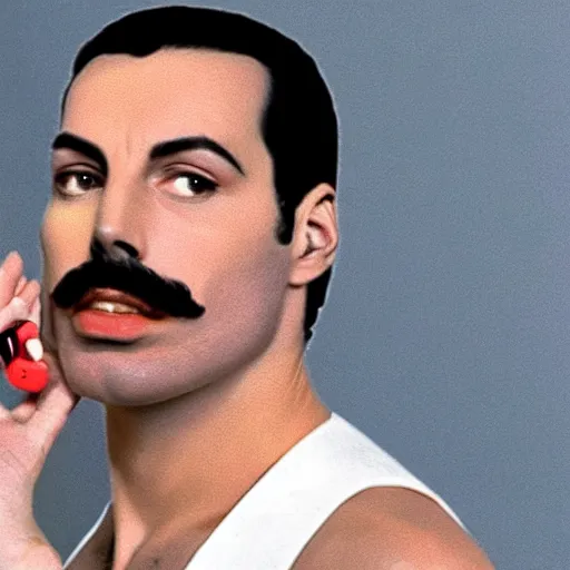 Prompt: Freddie Mercury wearing AirPods and using an iPhone