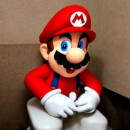 Image similar to super mario sitting on a toilet taking a poop with an angry look on his face