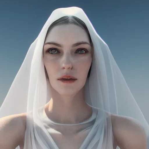 Prompt: hight focus of a wonderful realistic sweet wonderful symmetrical mid portrait of a lady with fine white veils of semi - transparent silk that wrap and float on her body moved by the wind dramatic light, cinematic, artstation, octane render 8 k s 1