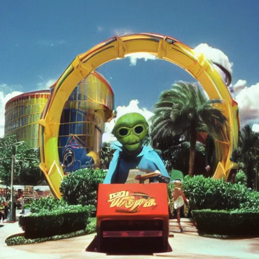 Prompt: 1990s photo of the E.T. ride at Universal Studios in Orlando, Florida