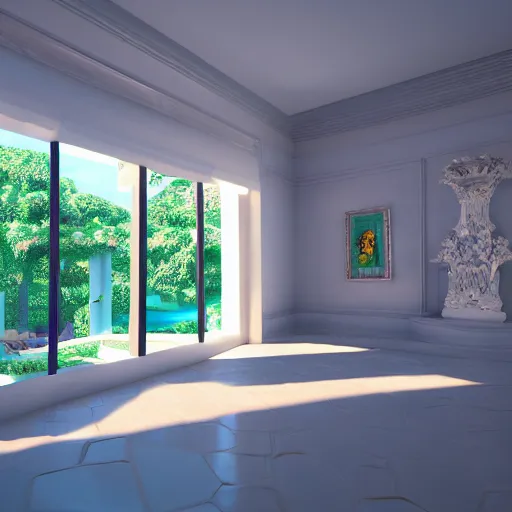 Prompt: interior of a vaporwave mansion high detail 3D rendered render in unreal engine 8K god rays volumetric lighting trending on art station