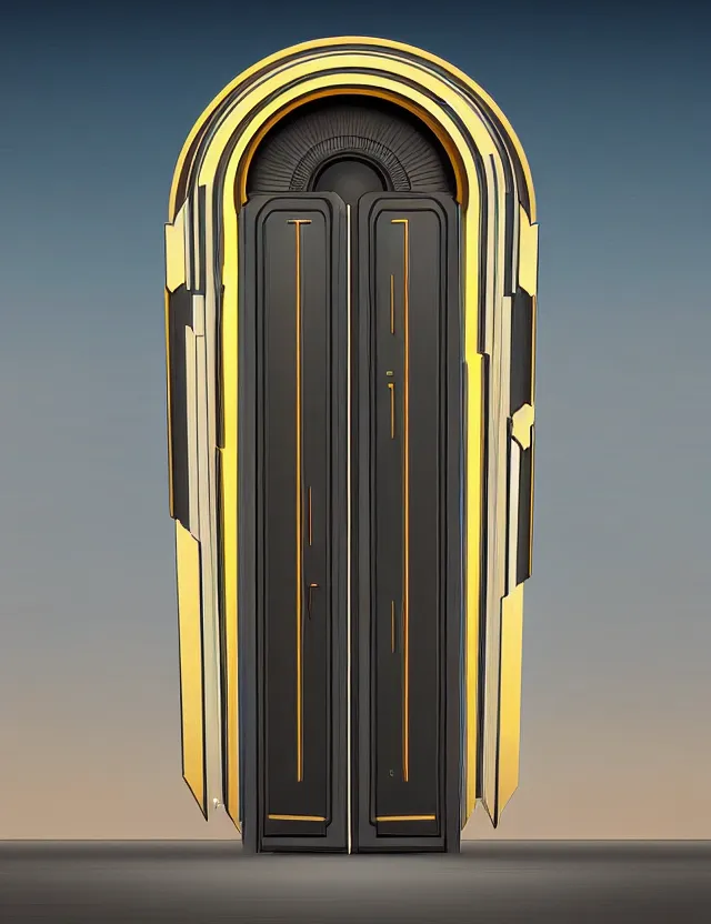 Image similar to hyperrealistic sci - fi double door in art deco style by jordan grimer, darek zabroski