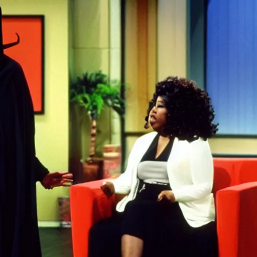 Image similar to the menacing grim reaper as a guest in the oprah winfrey show