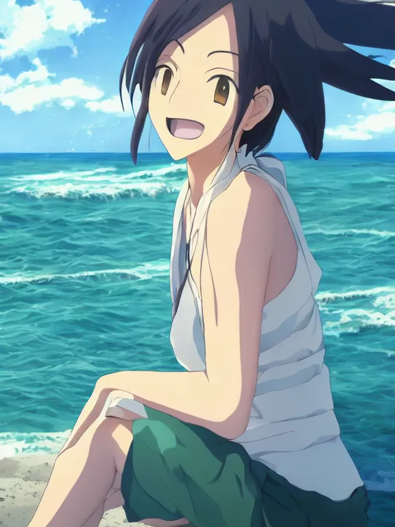 Image similar to Portrait of a happy anime woman on the beach near the ocean, by makoto shinkai