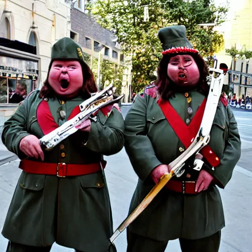 Prompt: fat soldiers, USA war street performers