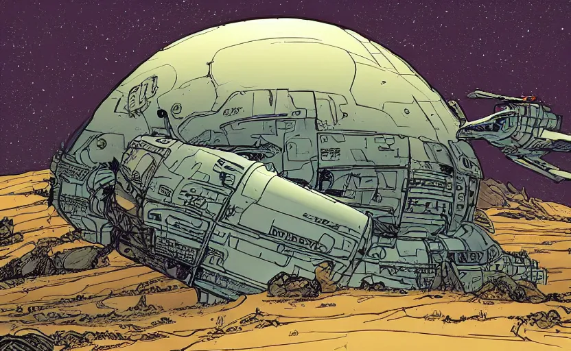 Image similar to very detailed, prophet graphic novel, simon roy, illustration of a giant crashed space ship on a desert planet, wide shot
