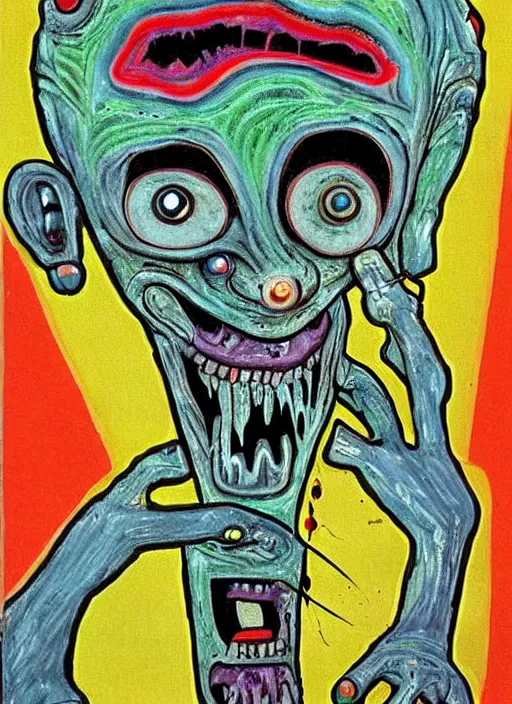 Image similar to a crazy alien art horror portrait, which has weird stretched out eyes and a misshapen mouth, chaotic fulcolor background, art brut by a psycho man, color crazy outsider art bad painting