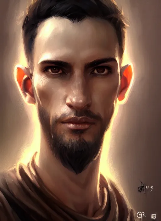 Image similar to a _ fantasy _ style _ portrait _ painting _ of light brown argentinian male short black hair defined very chiseled facial features long face big ears, rpg dnd oil _ painting _ unreal _ 5 _ daz. _ rpg _ portrait _ extremely _ detailed _ artgerm _ greg _ rutkowski _ greg