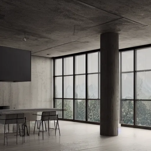 Image similar to brutalist open kitchen, big windows, showing trees landscape on background, minimalist architecture, minimalist furniture, octane render, high quality, 8 k, post production