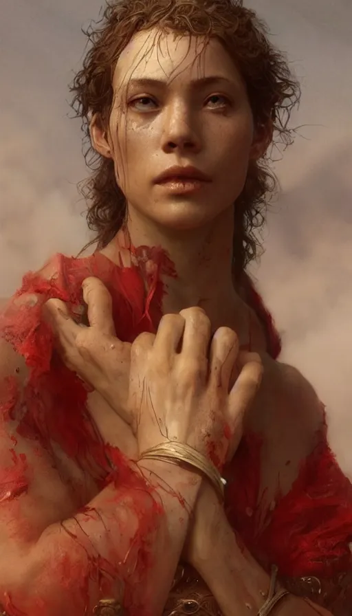 Image similar to epic masterpiece portrait spiritual, sweaty skin, hyperrealistic, octane render, cinematic, beautiful face and flawless skin, perfect hands, 5 fingers, ruby, by Edgar Maxence and Ross Tran and Michael Whelan, Legends of Runeterra