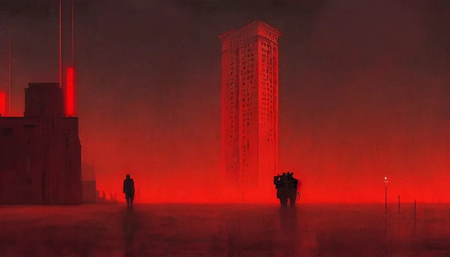 Image similar to only with red, soviet communism horror city apocalyptic atmosphere with soviet flag, in the style of beksinski, by edward hopper and rodcenko and yue minjun and cory loftis, intricate and epic composition, red by caravaggio, highly detailed, masterpiece, red light, artstation, art nouveau